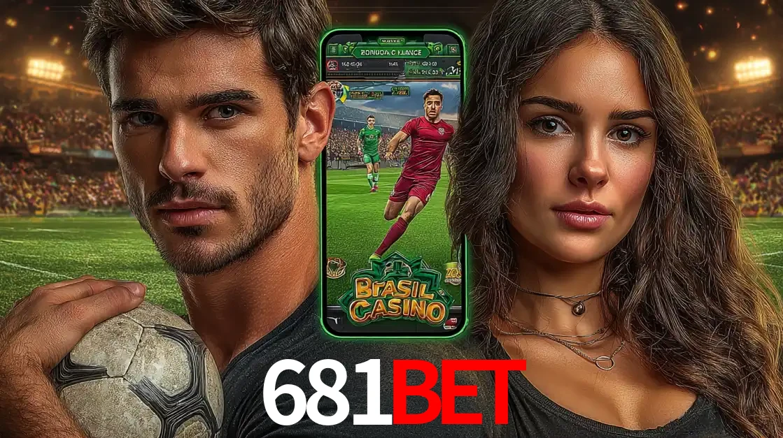Homem segurando uma bola de futebol e uma mulher ao lado de um smartphone exibindo o jogo de apostas esportivas da 681bet. Faça seu palpite no cassino online.